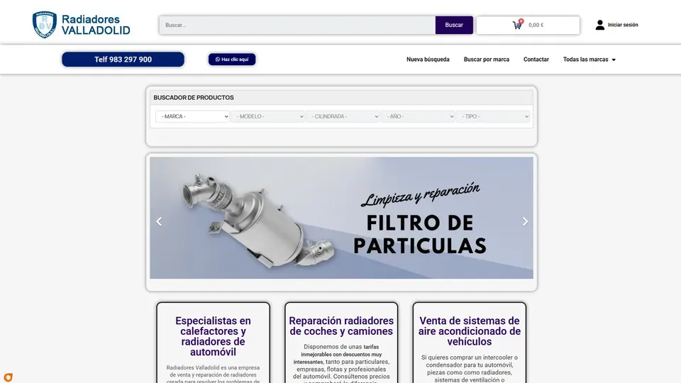 Web de Radiadores Valladolid con buscador de productos por marca y modelo